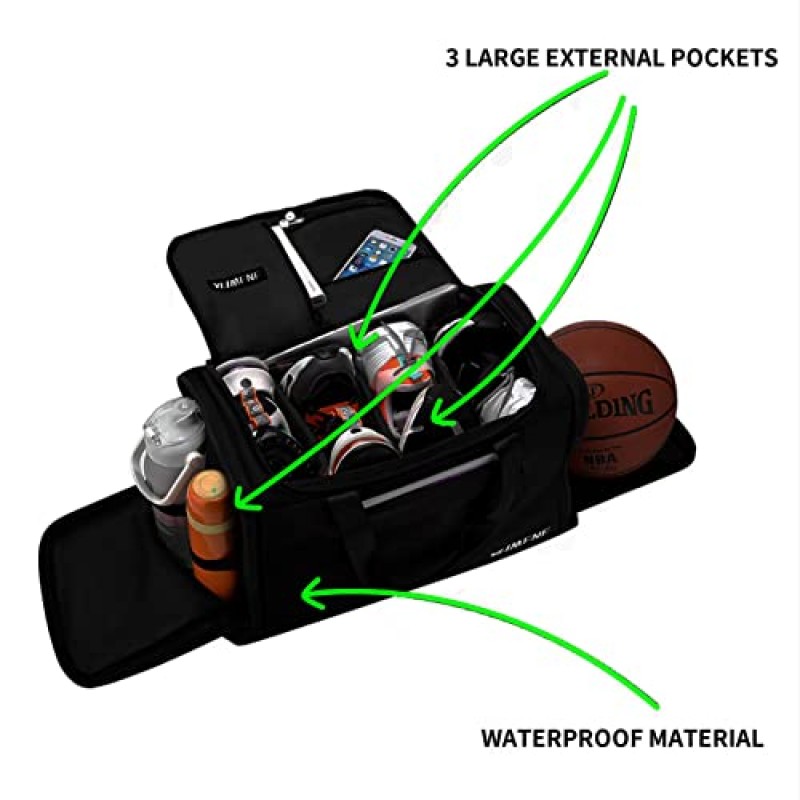 여행용 운동화 가방, 프리미엄 다기능 더플 백, 3개의 조절 가능한 구획 칸막이가 있는 체육관 트레이닝 가방, 방수 야외 스포츠 가방 블랙