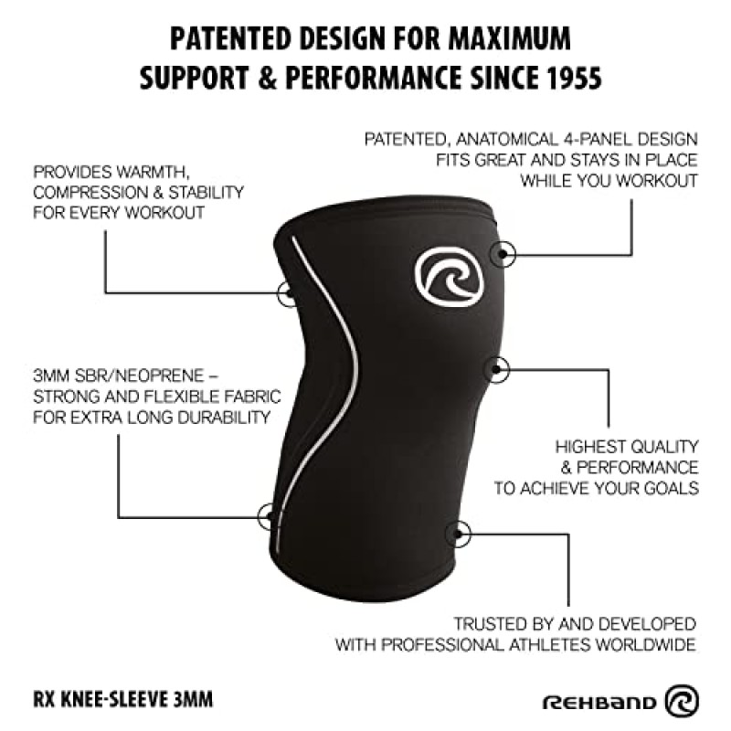 Rehband 무릎 슬리브 3mm 네오프렌, 지구력 및 볼 스포츠를 위한 경량 무릎 보호대, 남녀공용 압축 스타터 무릎 슬리브, 통기성 달리기 무릎 지지대, 색상: 블랙 - 1 쌍, 크기: XX-소형