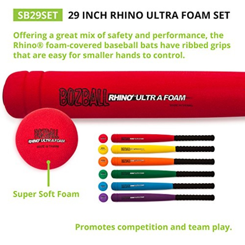 Champion Sports Rhino® 울트라 폼 커버 소프트볼 배트 및 바운스 없는 폼 볼 세트 - 두꺼운 폼 배럴 및 그립 - 모든 연령용 - 실내/실외 - 6가지 매칭 색상 세트 - 코딩됨 - 길이 29