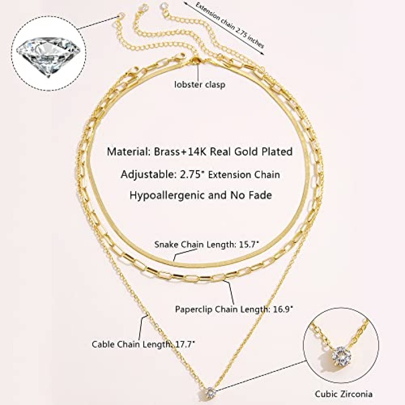 여자를위한 17 마일 골드 레이어드 초커 목걸이 여자, 14K 리얼 골드 도금 CZ 펜던트 목걸이, 선물용 우아한 플랫 스네이크 체인 레이어링 목걸이