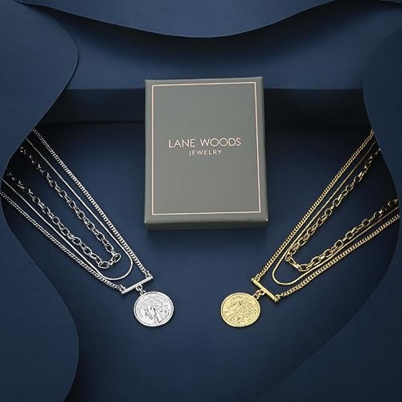 LANE WOODS 여성용 다층 18k 골드 도금 목걸이 - 다층 동전 메달리온 펜던트 목걸이 조절 가능한 레이어링 초커 목걸이 여성용 체인 세트 여성용 쥬얼리