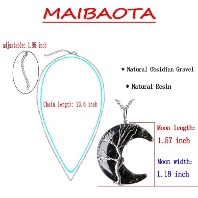 MAIBAOTA 치유 크리스탈 목걸이 나무 생활 와이어 래핑 된 초승달 목걸이 스톤 펜던트 목걸이 천연 레이키 영적 석영 보석 히피 마녀 쥬얼리 여성을위한 선물