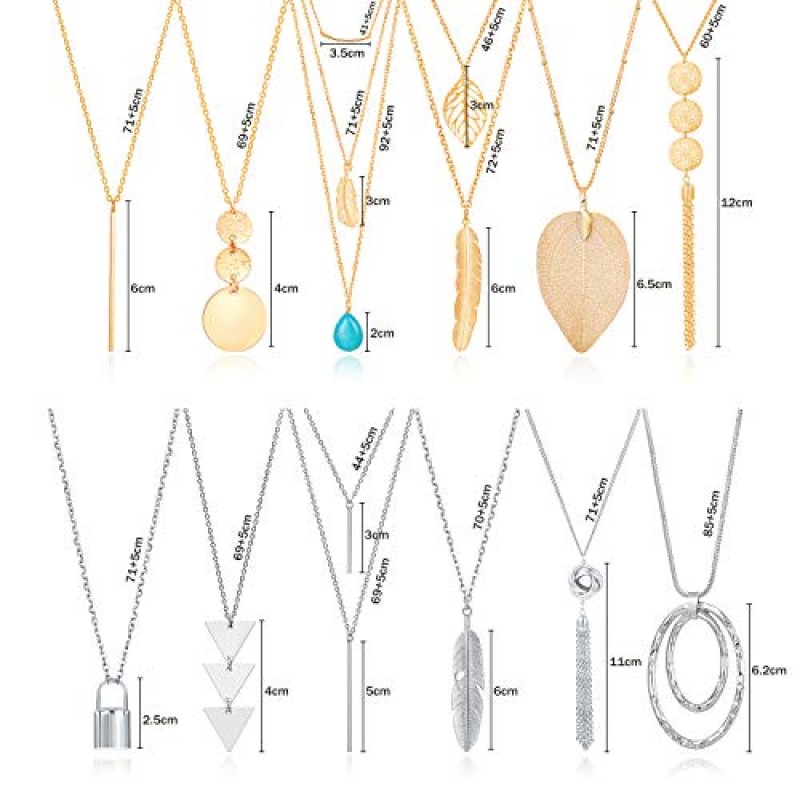 여성을위한 Fecsiory 12 Pcs 긴 펜던트 목걸이, 골드 바 깃털 삼각형 잎 잠금 술 Y 목걸이 쥬얼리 여자를위한 설정