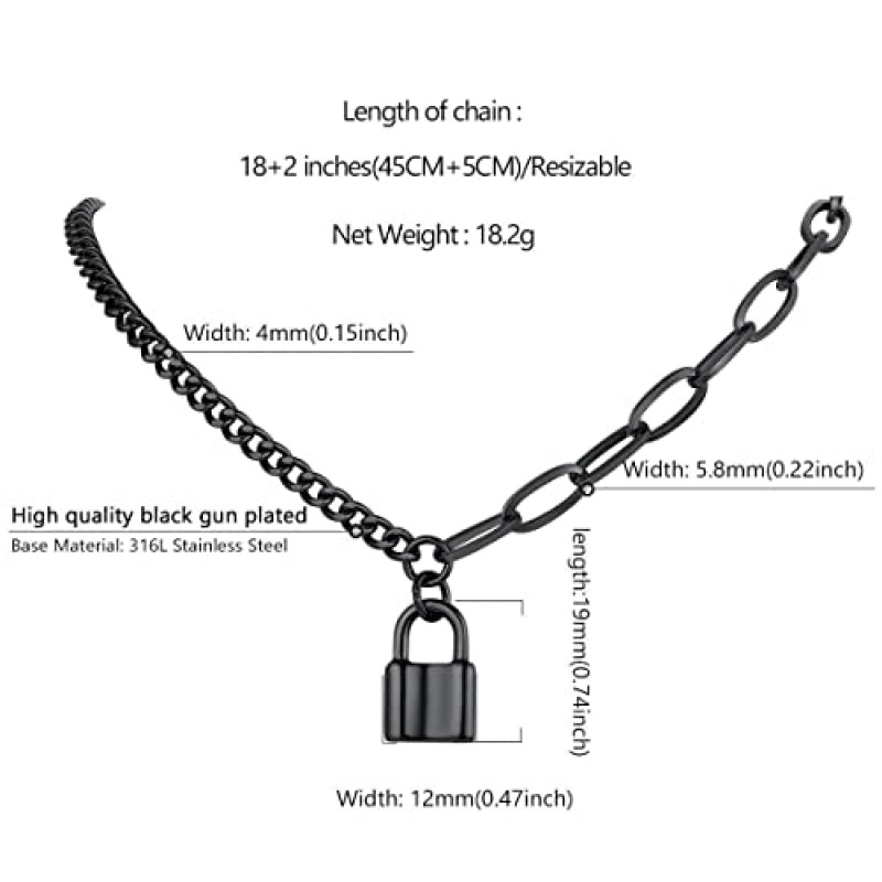 FindChic 수갑 목걸이 자물쇠 펜던트 맞춤형 수갑 팔찌 스테인레스 스틸/18K 골드 도금/블랙 연석 체인 연동 16인치/18인치 소녀 및 여성을 위한 우정 선언문 목걸이