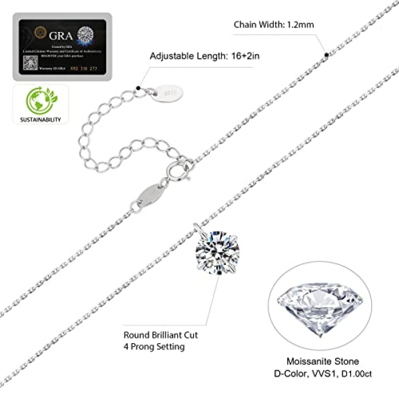 여성용 KRKC Moissanite 목걸이, VVS1 Clarity D 컬러의 1 캐럿 랩 성장 다이아몬드 스톤, 14K 화이트 골드 도금 S925 스털링 실버 체인