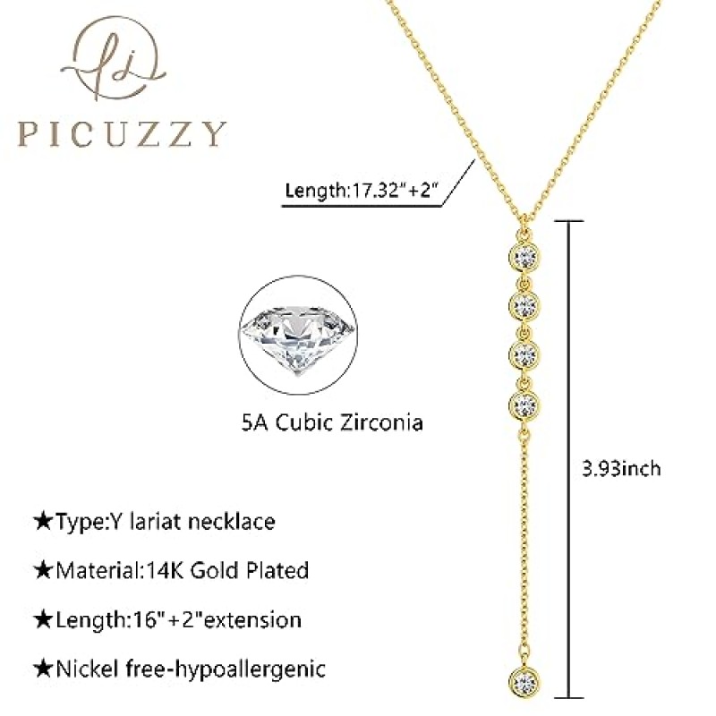 Picuzzy Lariat 여성용 골드 목걸이, 여성용 고상한 14k 골드 도금/실버 롱 목걸이 트렌디한 계층 Y 목걸이 큐빅 지르코니아 펜던트 목걸이 여성용 심플한 골드 쥬얼리 소녀 선물