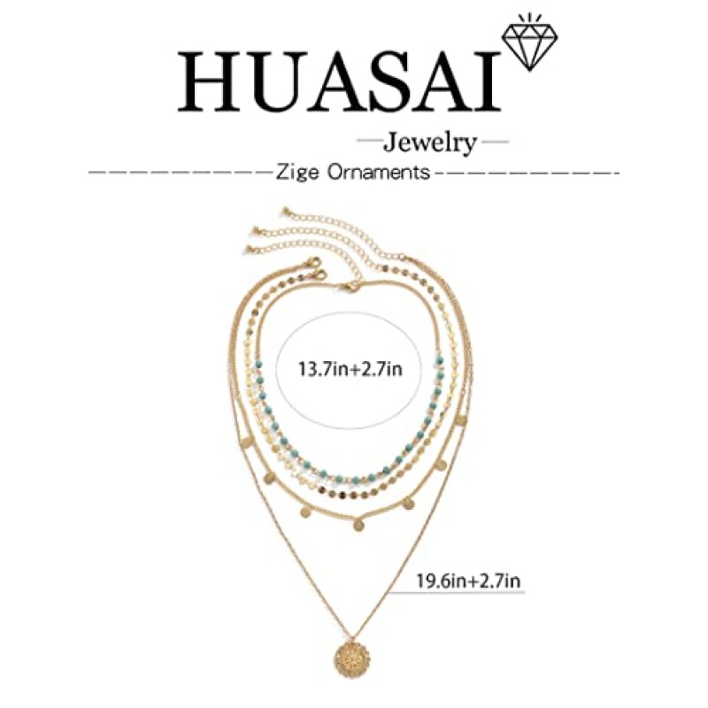 HUASAI 골드 계층화 된 Boho 목걸이 여성용 Dainty Turquoise 파란색 목걸이 여름을위한 긴 동전 펜던트 목걸이 여성용 보헤미안 목걸이 쥬얼리 여성용 목걸이 유행