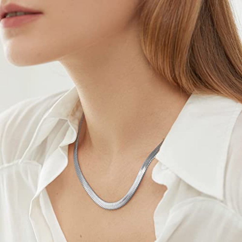 EASYHAUTE 14K 골드/실버 도금 스네이크 체인 헤링본 목걸이 여성용 저자 극성 Dainty Choker 방수 쥬얼리 선물 소녀 3/4/5MM(W) 14 