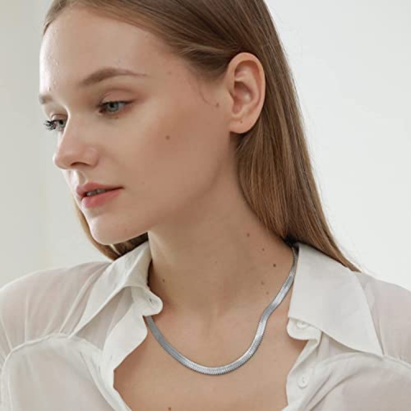 EASYHAUTE 14K 골드/실버 도금 스네이크 체인 헤링본 목걸이 여성용 저자 극성 Dainty Choker 방수 쥬얼리 선물 소녀 3/4/5MM(W) 14 