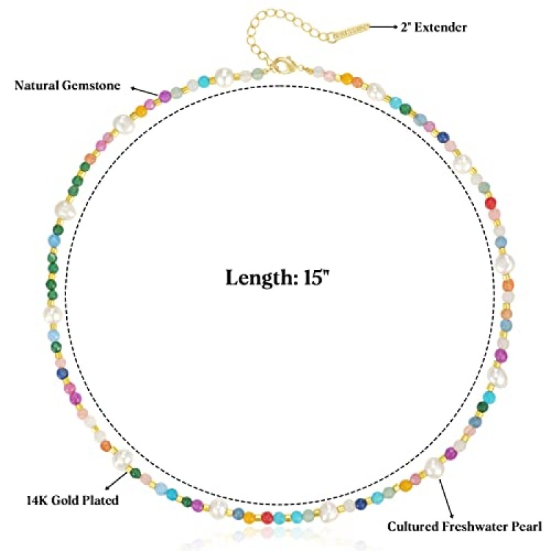 KissYan 여성을위한 페르시 초커 목걸이, 다채로운 천연 보석 진주 초커 14K 골드 도금 펜던트 치유 크리스탈 목걸이 십대 소녀를위한 스톤 쥬얼리 선물