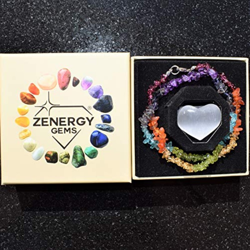 Zenergy Gems 셀레나이트 충전 천연 보석 칩 목걸이 + 셀레나이트 퍼피 하트 충전기 [포함됨]