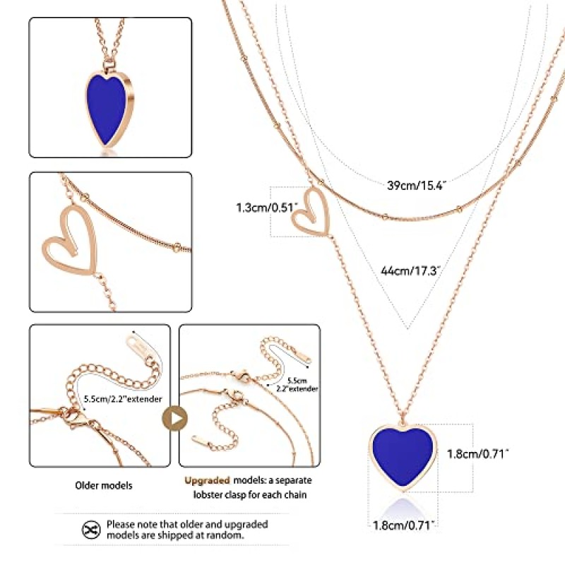 Linawe 하트 펜던트 목걸이, 레이어드 프레피 러버 목걸이, 여성용 더블 체인 롱 레이어링 초커 목걸이 트렌디, 14K 골드/로즈 골드/실버 톤