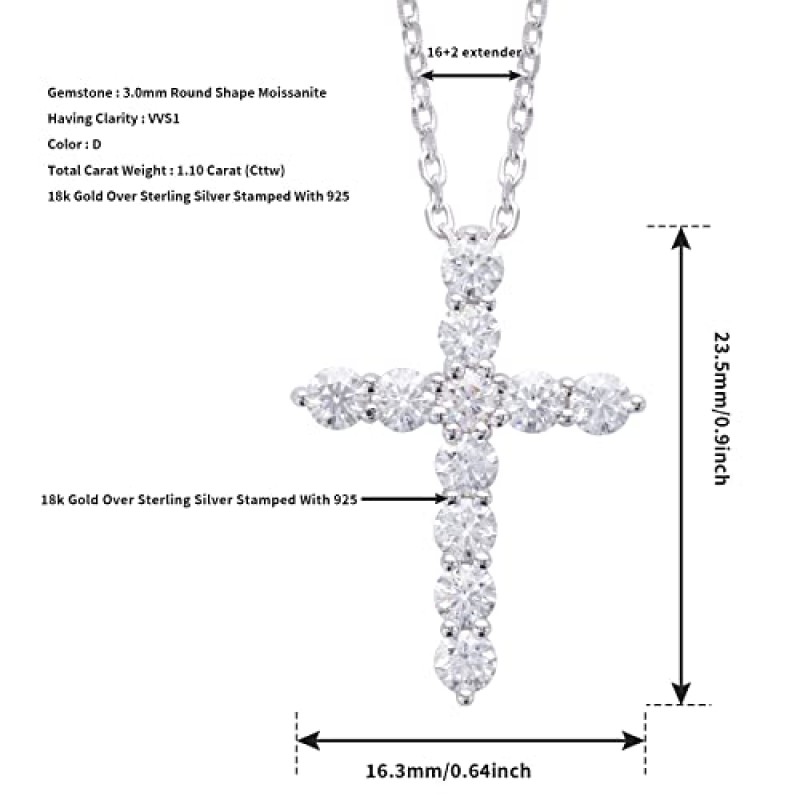 여성을 위한 Ladylike 18K 골드 도금 스털링 실버 Moissanite 크로스 펜던트 목걸이, 3mm VVS1, D moissanite 11개, 작고 절묘한 목걸이, 16+2인치 목걸이 체인