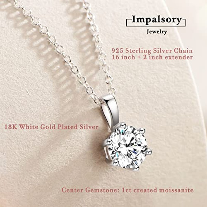 Impalsory Moissanite 펜던트 목걸이, 0.5ct 1ct 2ct 클래식 라운드 6 프롱 솔리테어 여성용 시뮬레이션 다이아몬드 목걸이 소녀 18K 화이트 골드 도금 실버 18인치 체인