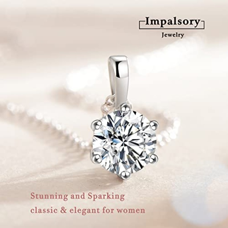 Impalsory Moissanite 펜던트 목걸이, 0.5ct 1ct 2ct 클래식 라운드 6 프롱 솔리테어 여성용 시뮬레이션 다이아몬드 목걸이 소녀 18K 화이트 골드 도금 실버 18인치 체인