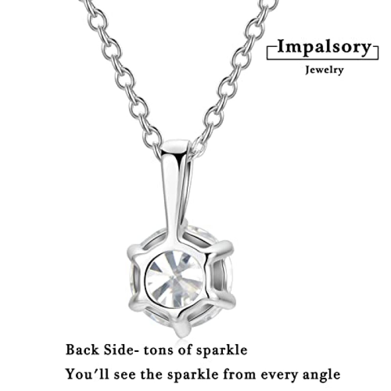 Impalsory Moissanite 펜던트 목걸이, 0.5ct 1ct 2ct 클래식 라운드 6 프롱 솔리테어 여성용 시뮬레이션 다이아몬드 목걸이 소녀 18K 화이트 골드 도금 실버 18인치 체인