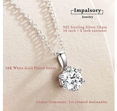 Impalsory Moissanite 펜던트 목걸이, 0.5ct 1ct 2ct 클래식 라운드 6 프롱 솔리테어 여성용 시뮬레이션 다이아몬드 목걸이 소녀 18K 화이트 골드 도금 실버 18인치 체인