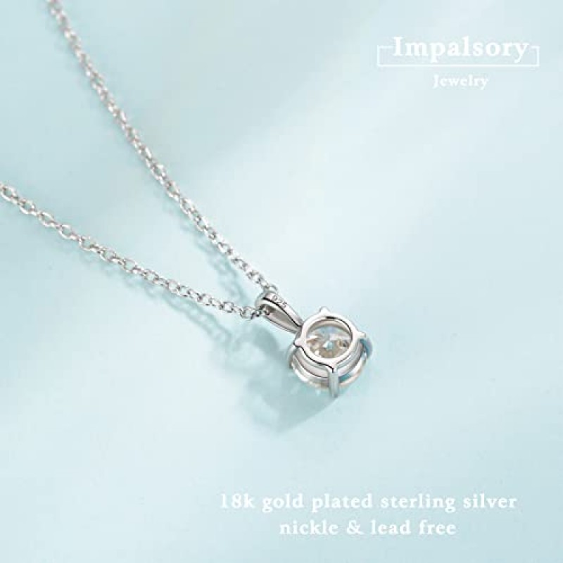 여성을위한 925 스털링 실버 목걸이, 1ct 6.5mm D 무색 Moissanite 목걸이 라운드 브릴리언트 컷 솔리테어 펜던트 목걸이 골드 도금 클래식 4 프롱 18 인치 체인 목걸이