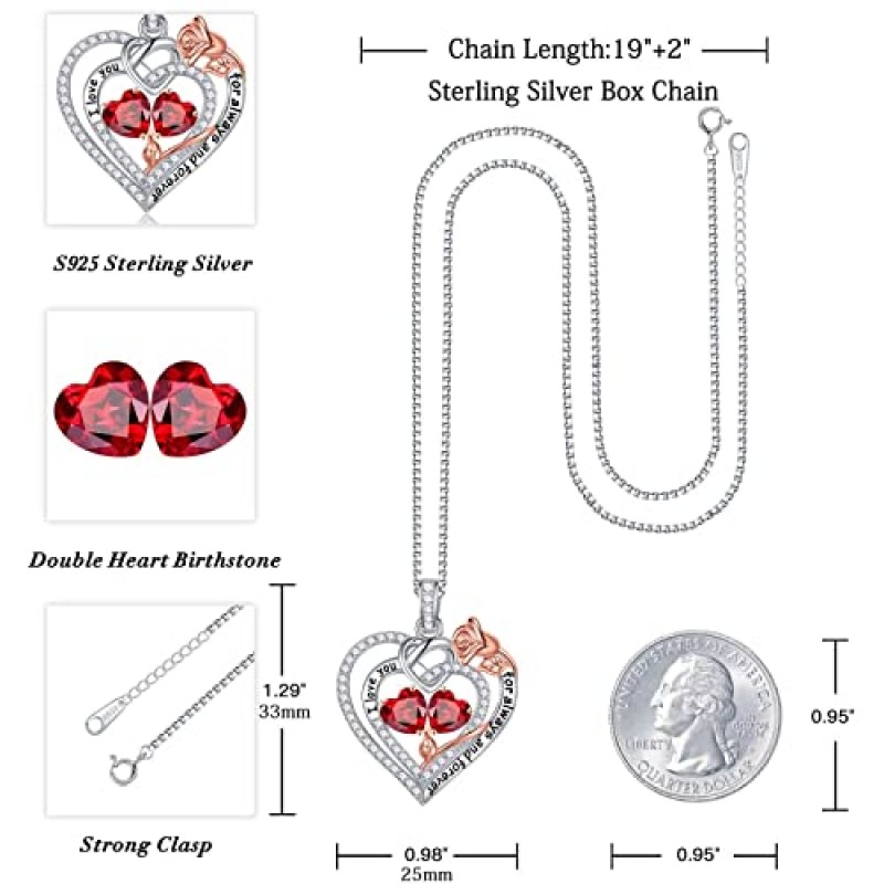 Iefil 로즈 하트 탄생석 목걸이 여성을 위한 선물, 925 스털링 실버 탄생석 보석 어머니의 날 여성을 위한 생일 선물 그녀의 엄마 딸 아내 여자친구를 위한 기념일 크리스마스 선물