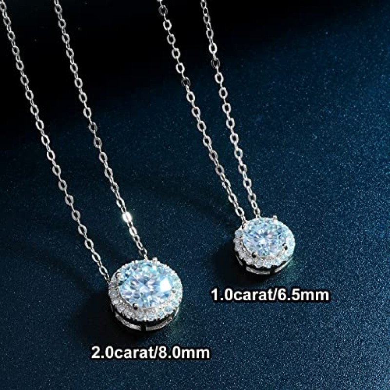 E-EMERMAKING Moissanite 목걸이 여성을위한 헤일로 다이아몬드 펜던트 목걸이 18K 화이트 골드 도금 스털링 실버 목걸이 간단한 원형 라운드 펜던트 실험실 성장 Dimaond 1.0CT-2.0CT 18 + 2 인치