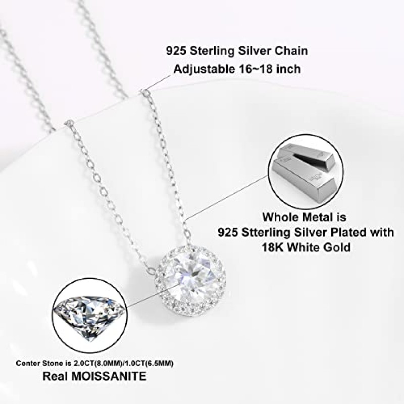 E-EMERMAKING Moissanite 목걸이 여성을위한 헤일로 다이아몬드 펜던트 목걸이 18K 화이트 골드 도금 스털링 실버 목걸이 간단한 원형 라운드 펜던트 실험실 성장 Dimaond 1.0CT-2.0CT 18 + 2 인치