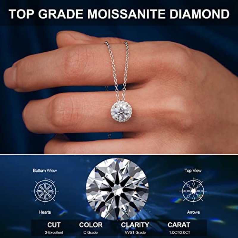 E-EMERMAKING Moissanite 목걸이 여성을위한 헤일로 다이아몬드 펜던트 목걸이 18K 화이트 골드 도금 스털링 실버 목걸이 간단한 원형 라운드 펜던트 실험실 성장 Dimaond 1.0CT-2.0CT 18 + 2 인치