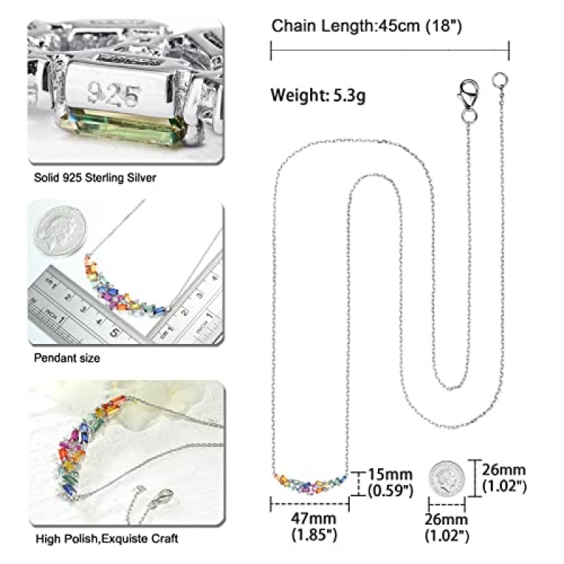 여성을위한 RANDES 레인보우 곡선 바 바게트 목걸이 925 스털링 실버 연구소는 화려한 보석 펜던트 목걸이를 만들었습니다