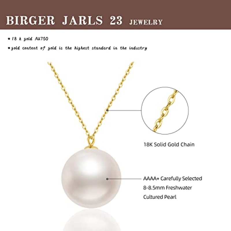 Birger Jarls 23 진주 목걸이, 여성용 18K 솔리드 골드 AAAA + 담수 8-8.5mm 진주 골드 목걸이 여성용, 우아한 진주 초커 목걸이 패션 주얼리 아내, 여자 친구, 어머니를위한 최고의 선물