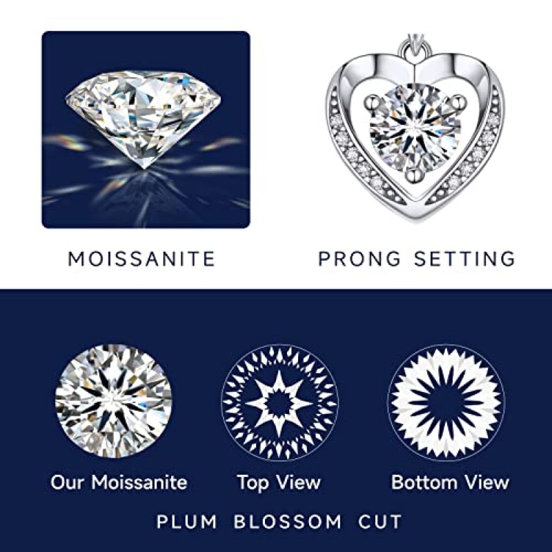 MomentWish 하트 목걸이, 여성용 1캐럿 Moissanite 목걸이, D 컬러 VVS1 Moissanite 925 스털링 실버 하트 목걸이 그녀의 소녀를 위한 생일 선물