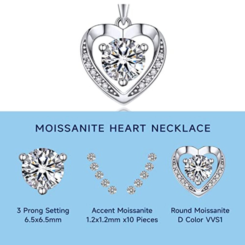 MomentWish 하트 목걸이, 여성용 1캐럿 Moissanite 목걸이, D 컬러 VVS1 Moissanite 925 스털링 실버 하트 목걸이 그녀의 소녀를 위한 생일 선물