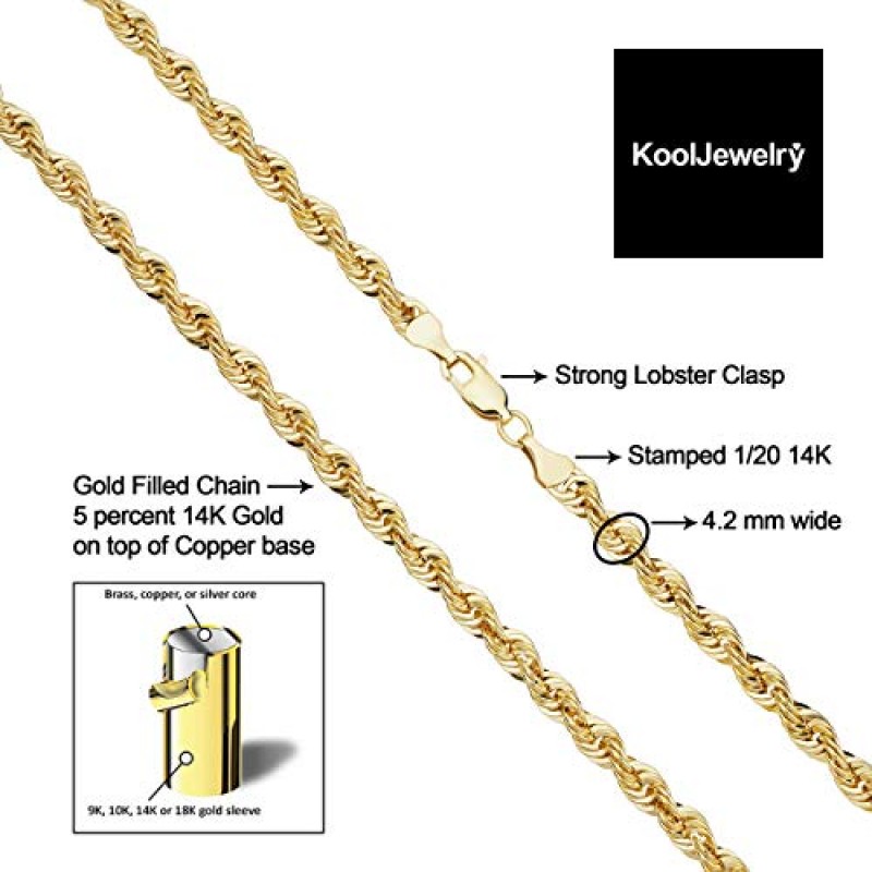 Kooljewelry 남성용 및 여성용 솔리드 14k 옐로우 골드 로프 체인 목걸이(2.1mm, 3.2mm, 4.2mm 또는 6mm)