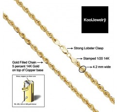 Kooljewelry 남성용 및 여성용 솔리드 14k 옐로우 골드 로프 체인 목걸이(2.1mm, 3.2mm, 4.2mm 또는 6mm)