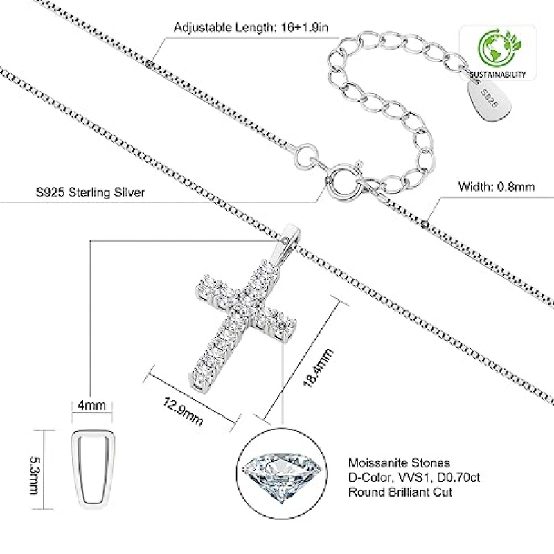 여성용 KRKC&CO 모이사나이트 다이아몬드 크로스 펜던트, S925 스털링 실버, D 컬러, 0.66캐럿, 0.8mm 16+2