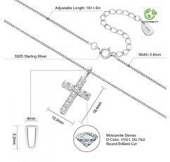 여성용 KRKC&CO 모이사나이트 다이아몬드 크로스 펜던트, S925 스털링 실버, D 컬러, 0.66캐럿, 0.8mm 16+2