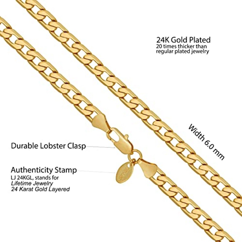 평생 주얼리 베벨 쿠바 링크 커브 체인 목걸이 24k 리얼 골드 도금(3mm, 6mm & 9.5mm)