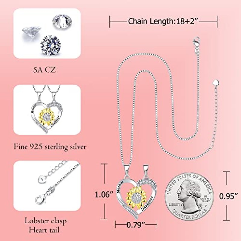 CUSUA 어머니 딸 목걸이 925 스털링 실버 하트 매칭 펜던트 목걸이 2개 세트 | 독특한 딸의 어머니날 선물