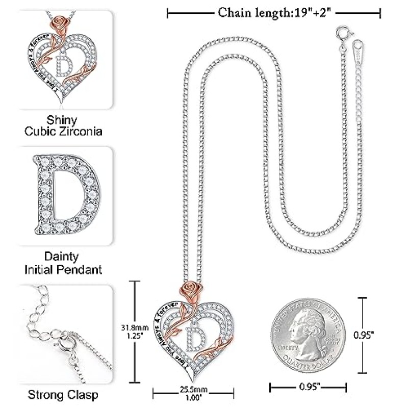 Iefil 로즈 하트 여성용 초기 목걸이, 여성용 925 스털링 실버 기념일 생일 선물 당신을 사랑합니다 목걸이 여성용 선물 아내 여자 친구 그녀