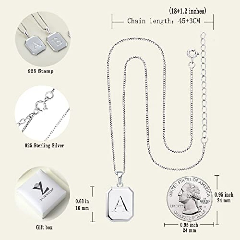 YL 초기 목걸이 여성을위한 925 스털링 실버 스퀘어 문자 펜던트 26 알파벳 목걸이