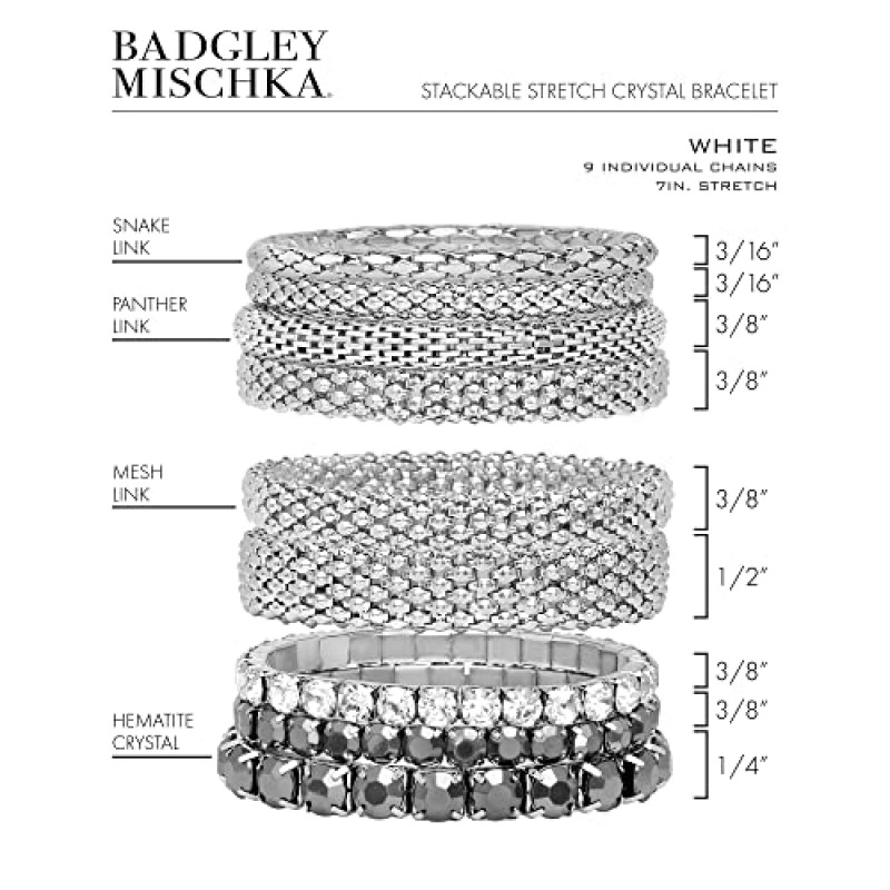 Badgley Mischka 여성용 팔찌 - 쌓을 수 있는 스트레치 레이어드 크리스탈 스네이크 팬더 링크 메쉬 팔찌 테니스 팔찌