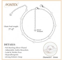 여성용 Poxtex 진주 팔찌, 925 스털링 실버 조절 가능한 방수 팔찌 세트, 심플한 하트 링크, 우아한 6mm 진주 팔찌, 레이어드 멀티레이어 팔찌, 여성용 쥬얼리 선물