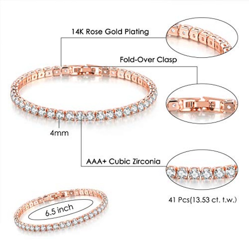 YOYUNLUO 여성을위한 3 Pcs 테니스 팔찌 14K 골드 도금 4mm 5A + 큐빅 지르코니아 CZ 다이아몬드 클래식 조절 슬라이더 팔찌 패션 쥬얼리 결혼 선물 크기 6.5-7.5 인치