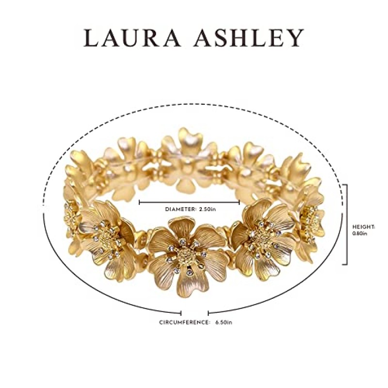 Laura Ashley 여성용 주얼리 골드 및 실버 스트레치 꽃 꽃무늬 팔찌, 크리스털 포함, 폭 1인치