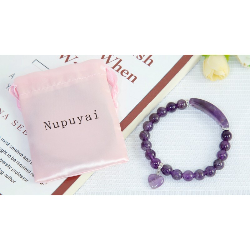 Nupuyai 남녀공용 8MM 스트레치 팔찌, 댕글 하트 참이 있는 힐링 스톤 팔찌 7