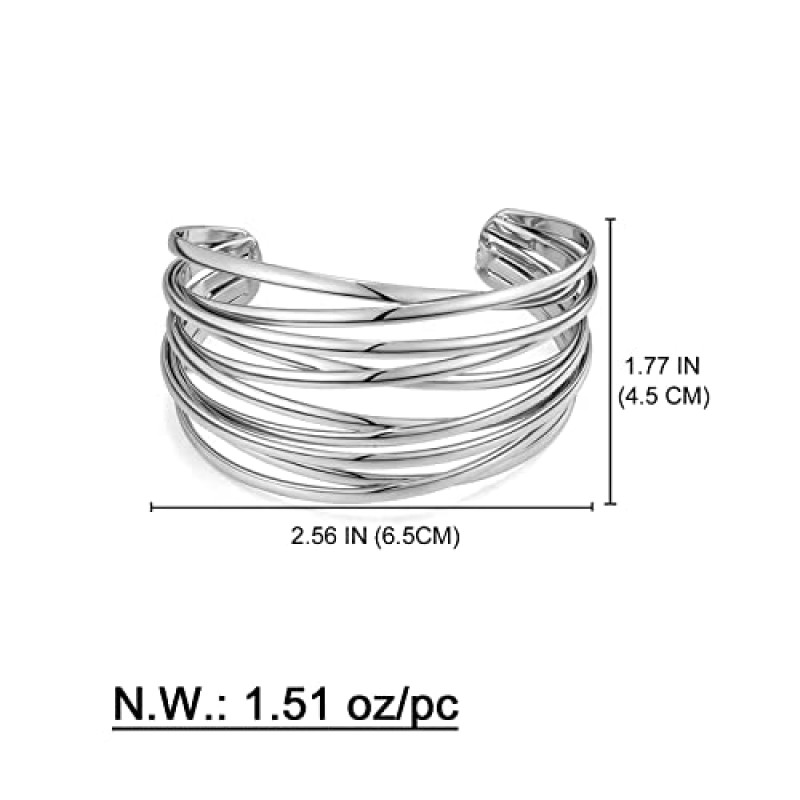 WOWORAMA 여성용 청키 커프 팔찌 다층 크로스 와이어 오픈 팔찌 팔찌 조정 가능한 청키 와이드 오픈 손목 커프스 랩 팔찌 골드/화이트 골드