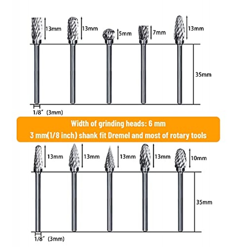 로타리 공구용 더블 컷 텅스텐 카바이드 조각 비트, DIY, 목공, 조각, 금속 조각, 드릴링, 연마용 1/8인치 생크 및 1/4인치 그라인딩 헤드가 있는 10개 로터리 버 세트