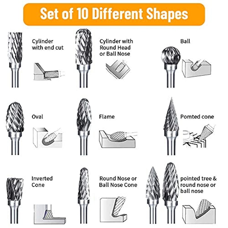 로타리 공구용 더블 컷 텅스텐 카바이드 조각 비트, DIY, 목공, 조각, 금속 조각, 드릴링, 연마용 1/8인치 생크 및 1/4인치 그라인딩 헤드가 있는 10개 로터리 버 세트