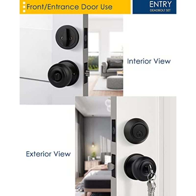 주택 개량 다이렉트 3팩 키가 있는 출입문 손잡이 및 단일 실린더 데드볼트 잠금 콤보 세트 클래식 무광택 검정색 마감의 입구 및 전면 도어 보안
