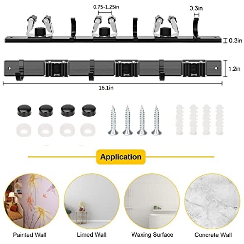 2팩 16인치 빗자루 및 걸레 홀더 이동식 슬라이딩 벽걸이 3개 랙 3개 후크, 보관 정리함 벽 걸이, 청소 도구 주방 욕실용 걸이용 그리퍼 정원 차고 세탁실 홈 옷장