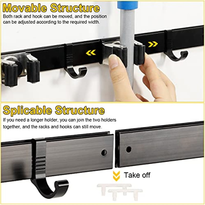 2팩 16인치 빗자루 및 걸레 홀더 이동식 슬라이딩 벽걸이 3개 랙 3개 후크, 보관 정리함 벽 걸이, 청소 도구 주방 욕실용 걸이용 그리퍼 정원 차고 세탁실 홈 옷장