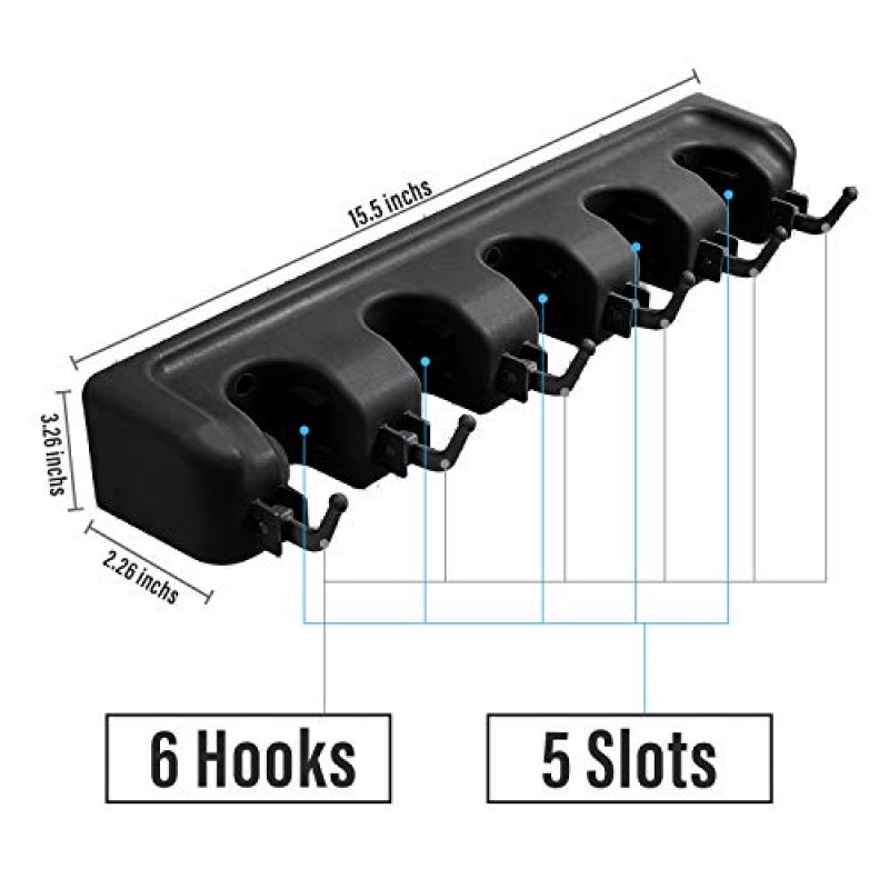 CINEYO 걸레 및 빗자루 홀더 가정용 정원 차고 및 보관용 벽걸이형 헤비듀티 도구 정리함(후크 6개가 있는 5개 위치)(검은색)
